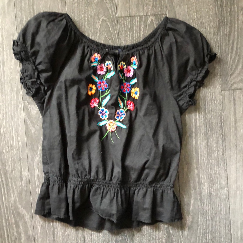 Boston proper black embroidered peasant top
